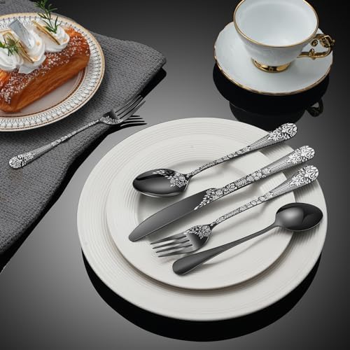 40 Piece Black Silverware Set, Stainless Steel Flatware Cutlery Set Service for 8, Mirror Polished Tableware Eating Utensils Set for Home Kitchen, Include Knife Fork Spoon Set, Dishwasher Safe - Image 6