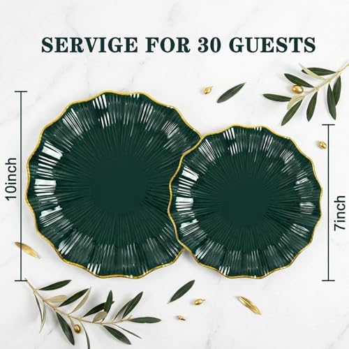 Rubtlamp Heavyduty 60Pcs Green Plastic Plates - Green Scalloped Plates with Gold Trim - 30 Gold Dinner & 30 Dessert Platos, Fancy Disposable Plates for Party&Wedding (30 Guests) - Image 2