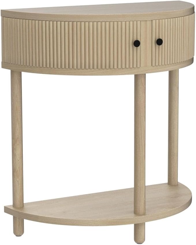 Fluted Half Moon Shaped Console Table, Small Entry Desk, Living Room Furniture, Modern Home Decor, Solid Wood Entryway Table with Two Doors and Black Knobs (Natural Oak)
