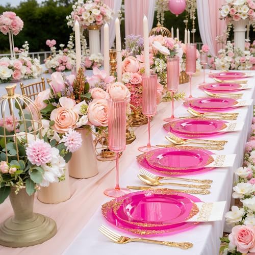 125PCS Clear Hot Pink Plastic Plates for Wedding Party Birthday - Image 3