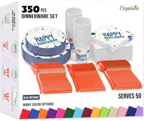 Exquisite 350 Pcs Blue Happy Birthday Plates and Napkins Set, Blue Birthday Plates Set, 50 Of Each 9" Dinner Plate, 7" Dessert Plate, 12 oz Cups, Napkins & Cutlery Plastic Dinnerware Set Set by Exquisite