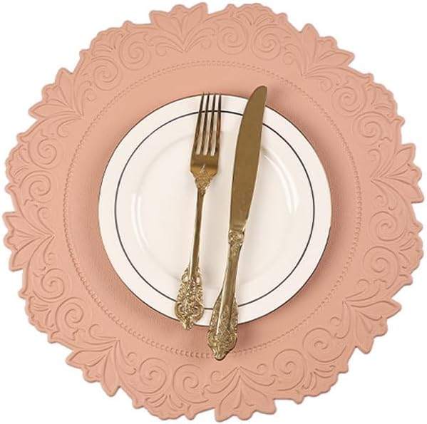 Noctiflorous Round Faux Leather 15 Inch Placemats Set of 6 Waterproof Wipeable Heat Resistant Tablemat for Dining Table Kitchen Non Slip Oilproof Table Place Mat for Indoor Outdoor(Pink, 6)