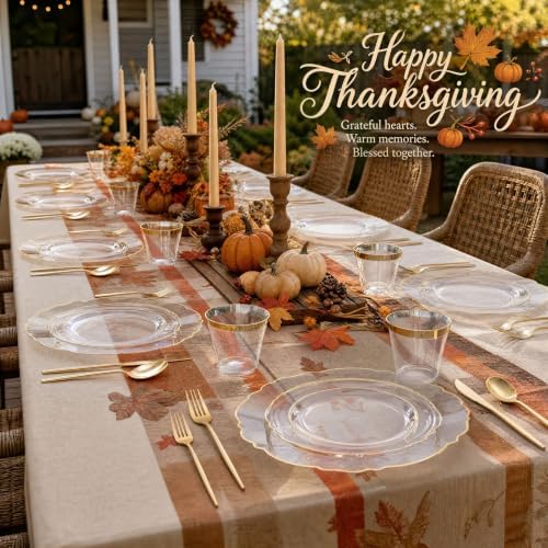 Liacere 150Pcs Clear Plastic Plates-Clear and Gold Disposable Plates Set-Clear and Gold Rim Disposable Plastic Dinnerware include 50Plates,25Pack Silverware and 25Cups for Thanksgiving/Fall Party - Image 6