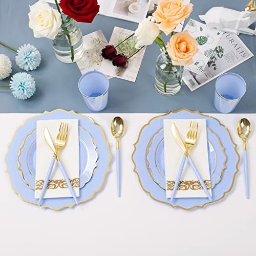 Baby Blue & Gold Disposable Plates Dinnerware Set for 25 Guests, 175-Pc Heavy Duty Plastic Plates, 10 oz Cups, Cutlery & Napkins, BPA-Free Party Supplies for Baby Shower, Wedding & Birthday - Image 6