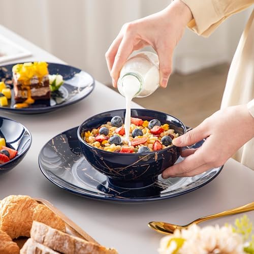 LOVECASA Plates and Bowls Sets for 6, 24 Pieces Porcelain Dinnerware Sets, Dark Blue and Gold Dish Set Gold Splash Dishware Sets, Dishwasher Microwave Safe - Image 7