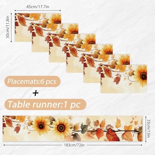 ANNA QUEEN Sunflower Fall Table Runner and Placemats Set of 6, 13"x72" Table Runner with 12"x18" Placemats, Autumn Sunflower Table Set for Thanksgiving, Kitchen, Farmhouse Decor - Image 2