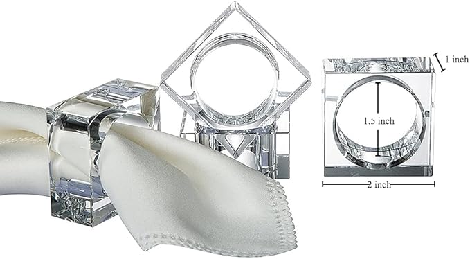 Crystal Napkin Holder Rings Square Design, Christmas Decorations for Dinner Clear 2" Set of 4