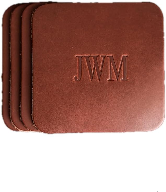 Ox & Pine Personalized Leather Coaster - Sold Individually or in Sets of 4 - Customize Inscription - 100% Full-Grain Leather – 4" Round or 4" Square (Square, Sienna, Set of 4 Coasters)