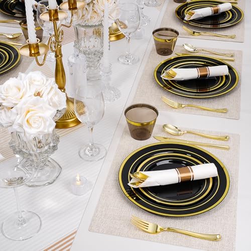realluck 700 PCS Black Plastic Dinnerware Set for 100 Guests, 200 Disposable Plates for Party, 100 Pre Rolled Napkins with Gold Silverware, 100 Cups for Graduation - Image 5