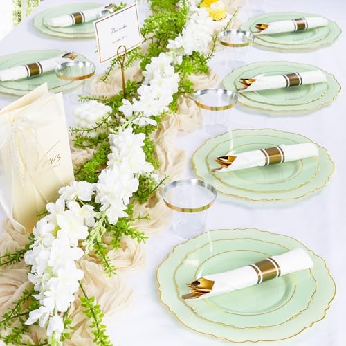 Liacere 175PCS Light Green Plates - Disposable Green and Gold - 25guest Baroque Dinnerware include 50Plates,25Pack Pre Rolled Napkins with Silverware 25Cups for Wedding ＆ Party & Spring - Image 2