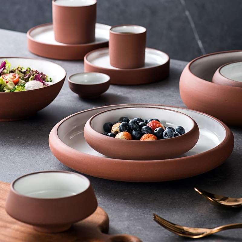 Uaral Japanese Salad Plate,Dinner Plates and Bowls Set,Stoneware Appetizer Plates with Rustic Terracotta Underside, Set of 4,5.5inch,14oz(Red and White) - Image 3