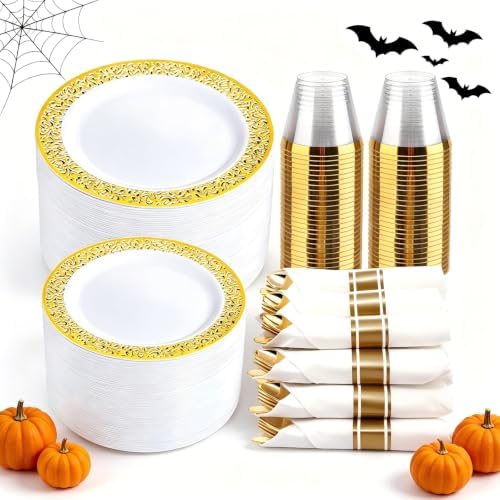 WELLIFE 100 Guests Dinnerware Sets, Gold Plastic Plates, Platos Para Fiestas Elegantes Desechables Include:100 Dinner Plates,100 Dessert Plate,400 Pcs Gold Plastic Silverware, 100 Cups for Party by WELLIFE