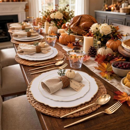 Liacere 150Pcs White Plastic Plates-White and Gold Disposable Plates Set-White and Gold Rim Disposable Plastic Dinnerware include 50Plates,25Pack Silverware and 25Cups for Thanksgiving/Fall Party - Image 2