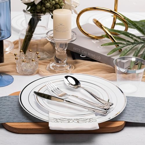 N9R 700PCS White and Silver Plastic Plates, Disposable Dinnerware Set - Image 3