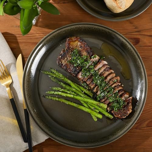 Gibson Elite 12 Piece (Service for 4) Lakecrest Plates and Bowls Reactive Glaze Round Dishes Stoneware Ceramic Dinnerware Set - Dark Green - Image 7