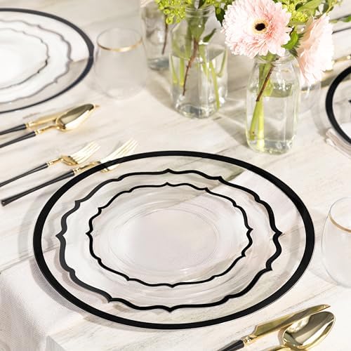 PLASTICPRO 64 Pack Elegant Disposable Plastic Plates Combo Set Includes 32 Dinner Plates and 32 Salad Plates Heavy Duty Fancy Party Plates Clear & Black Contemporary Design - Image 2