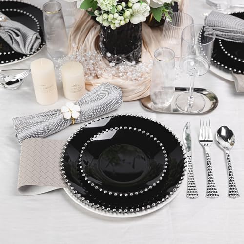 HOMIP 50PCS Disposable Black Plastic Plates with Silver Pearl-Beaded Rim - Image 3