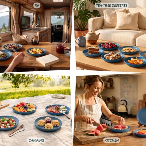 Homienly Wheat Straw Plates 8 inch Deep Dessert Plates Unbreakable Bread and Butter Plates Set of 6 Micorowave and Dishwasher Safe Camping Plates Stackable Plates for Apartment, Dorm (Blue) - Image 7