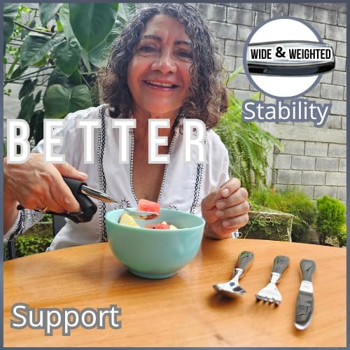 weighted utensils for hand tremors | weighted utensils for tremors and parkinsons patients | Set 4 Piece with Universal Cuff easy grip & cover | Elegant weighted silverware with Gift Box