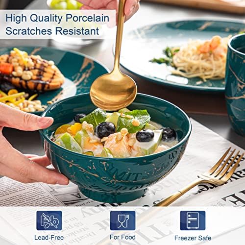 LOVECASA Porcelain Dinnerware Sets for 4, 16 PCS Plates and Bowls Set, Color Glaze with Gold Plate Dish Set, Dinner Sets with Dinner Plates, Dessert Plate, Bowls and Mugs, Dark Green - Image 4