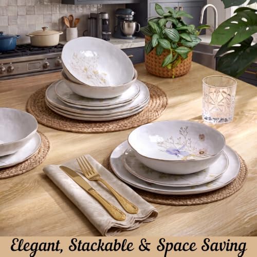 Sango 12-Piece Luxury Porcelain Dinnerware Set for 4- Glossy White Plates and Bowls Sets with Wildflower Patterns and Gold Rims, Ceramic Dish Set, Elegant Dishes for Everyday Dining, Gansevoort - Image 6