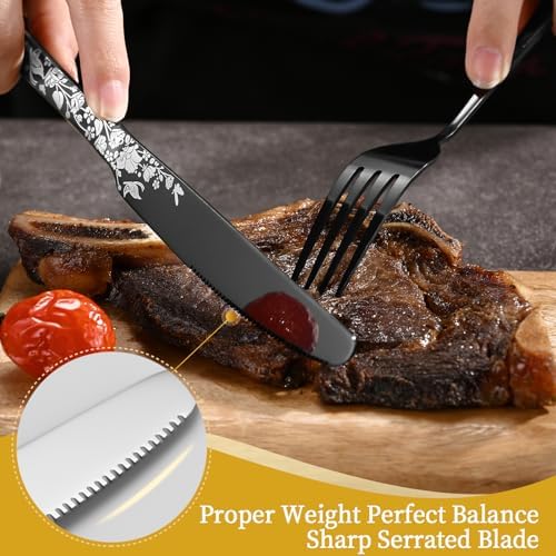 40 Piece Black Silverware Set, Stainless Steel Flatware Cutlery Set Service for 8, Mirror Polished Tableware Eating Utensils Set for Home Kitchen, Include Knife Fork Spoon Set, Dishwasher Safe - Image 4