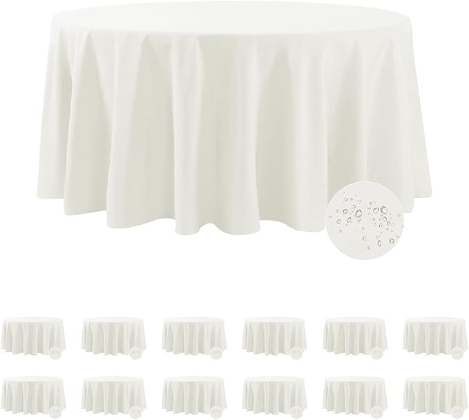 Fokitut 12 Pack Waterproof Round Tablecloth, 120 Inch, Stain Resistant and Wrinkle Polyester Table Cloth, Fabric Table Cover for Kitchen Dining, Wedding, Party, Holiday Dinner-Ivory