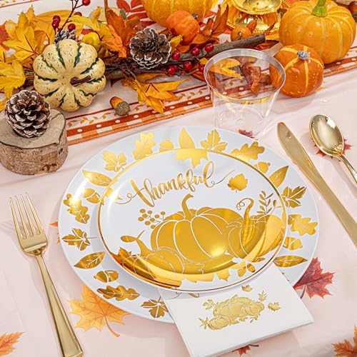 Festiva 176Pcs Thanksgiving Plastic Plates - Heavy Duty Thanksgiving Plates - Thanksgiving Disposable Dinnerware Set include 50 Plates,75 Silverware, 25 Cups, 25 Pumpkins Napkins, 1Tablecloth - Image 3