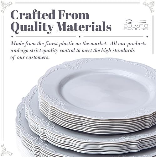 HEAVY DUTY PLASTIC PLATES SET | 10 Dinner Plates | 10 Salad Plates | 10 Dessert Plates | Elegant Plastic Dinnerware | Fine China Look | Upscale Wedding Dining (Vintage Collection - Grey) - Image 4