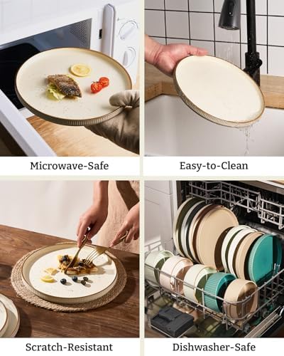 Famiware Stoneware Dinnerware Sets with Pasta Bowls, Rimmed Dishes for 6 - Image 5