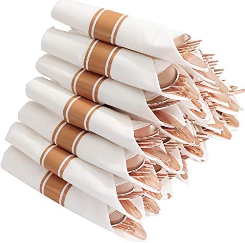 Supernal 30 Pack Pre Rolled Rose Gold Plastic Silverware, Linen Napkin by supernal
