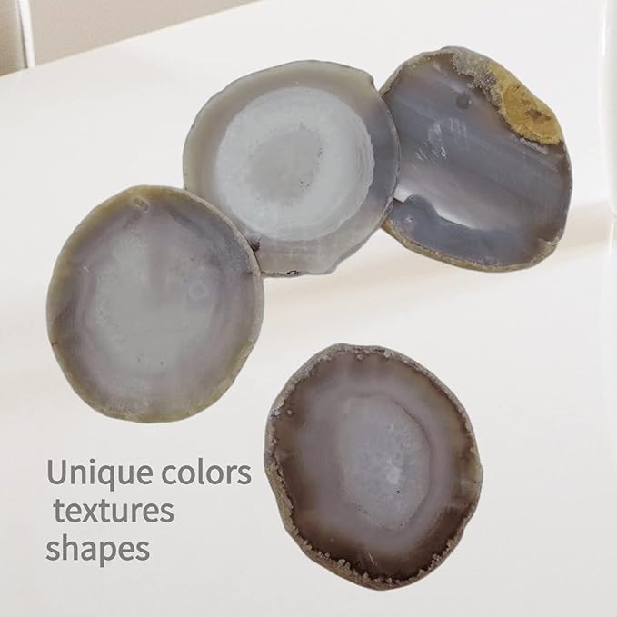 Agate Coaster for Drinks Polished Agate Slices Crystal Coasters with Rubber Gray 3-4" Coffee Table Decor Bar Sets for The Home