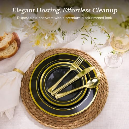 Goodluck 250 PCS Black Plastic Plates with Gold Rim＆Cutlery Set (50 Guests) - Image 2