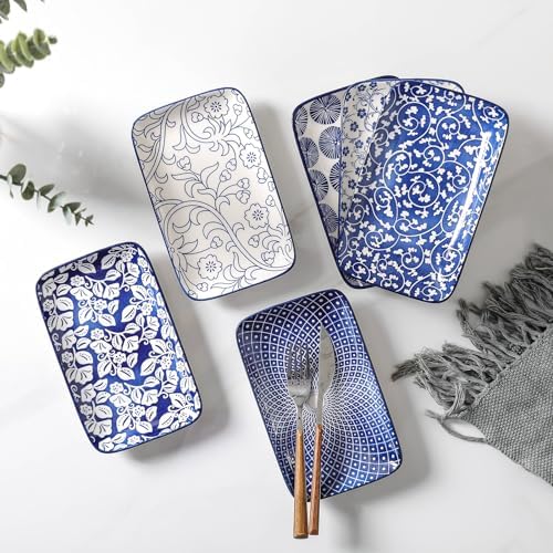 Selamica Ceramic Rectangular Salad Plates Set, Dinner Plate 9.4 Inch Dessert Plates for Party Entertaining, Small Serving Plates for Appetizers, Sushi, Fruit, Set of 4, Vintage Blue - Image 3