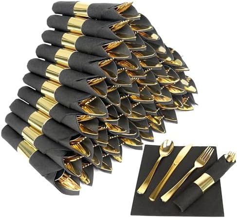 50 Pack Pre Rolled Gold Plastic Silverware Set with Napkins by Dlebay