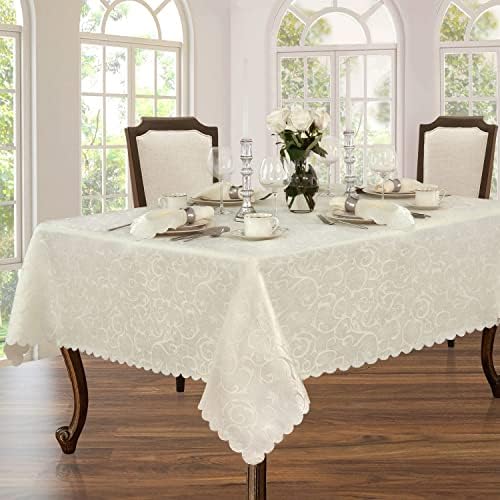 Newbridge Portofino Scalloped Damask Fabric Tablecloth, 60 x 102 Inch Rectangle, Ivory, Wrinkle and Stain Resistant Fine Dining Holiday Party Table Cover by HomeBargainsPlus