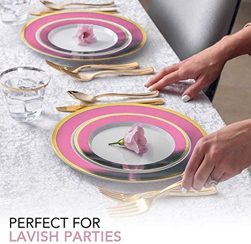 125-Piece White, Pink, and Gold Fancy Plastic Plates Disposable with Silverware, Elegant Dinnerware for Weddings, Holiday Party China, Set of 25 Dinner + Salad Plates, 25 Spoons, 25 Forks, 25 Knives - Image 5