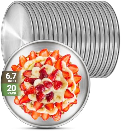 Stainless Steel Plates, 20 Set 6.7 inch 304(18/8) Metal Food Serving Plate, Reusable Snack Eating Dishes Round Shatterproof Silver Dinnerware for BBQ Dinner Oven Dishwasher Safe by Offiper
