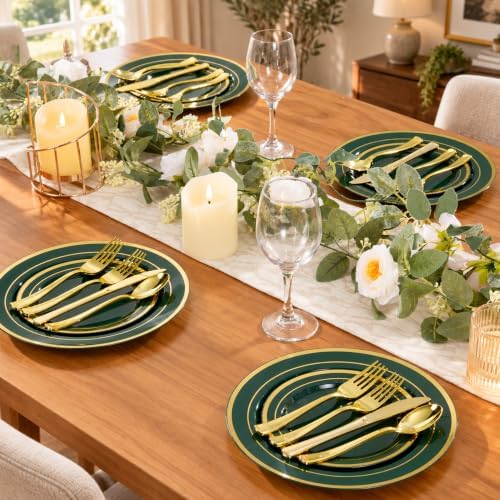 BESTVIP 600 Pcs Green Plastic Dinnerware Set with Gold Trim for 100 Guests,200 Green Plastic Plates with Gold Trim, 200 Gold Forks, 100 Spoons, 100 Knives for Party, Wedding, Birthday & Christmas - Image 6
