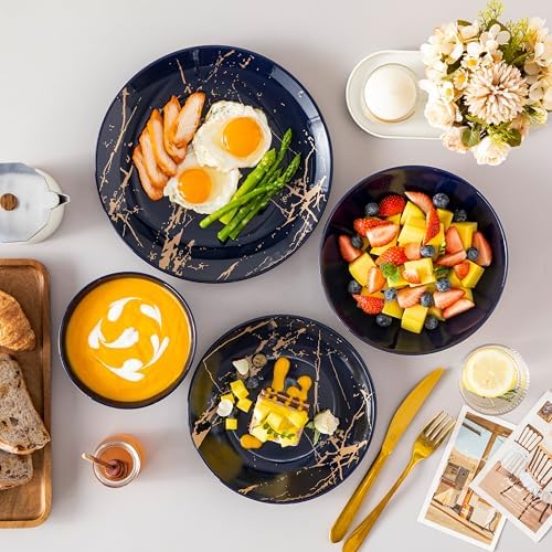 LOVECASA Plates and Bowls Sets for 6, 24 Pieces Porcelain Dinnerware Sets, Dark Blue and Gold Dish Set Gold Splash Dishware Sets, Dishwasher Microwave Safe - Image 5