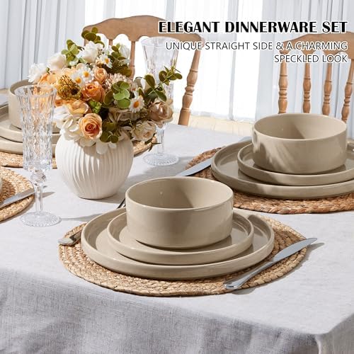 E-far 6-Piece Stoneware Dinnerware Sets, Plates and Bowls Set for 2, Khaki - Image 3