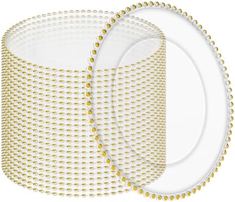 24 Pack Clear Charger Plates 13 Inch Acrylic Round Dinner Chargers with Gold Beaded Rim, Plastic Round Decorative Plates for Kitchen Wedding Party Home and Tabletop Decoration by Tomeurperf