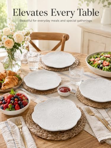 8 Inch Ceramic Salad Plates Set of 4, White Embossed Floral Butterfly Appetizer Plates with Scalloped Edge, Dessert Plates for Salad, Breakfast, Snacks, Microwave Oven Dishwasher Safe - Image 2