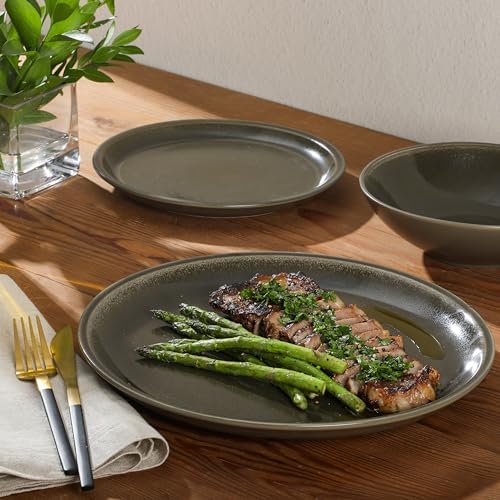 Gibson Elite 12 Piece (Service for 4) Lakecrest Plates and Bowls Reactive Glaze Round Dishes Stoneware Ceramic Dinnerware Set - Dark Green - Image 6