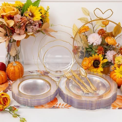 YOUBET 125PCS Clear Gold Plastic Plates for Thanksgiving Party Wedding - Image 5