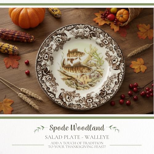 Spode Woodland Fine Porcelain Salad Plate - Walleye Design with Brown Floral Border, Classic English Country Tableware for Family Dinners, Holiday Entertaining & Elegant Dining Decor - Image 2