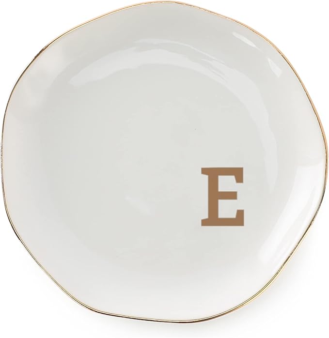 Initials Ring Dish Jewery Tray with Personalized E-Monogrammed Gifts Wedding Engagement for Women Friends sister,Ceramic White