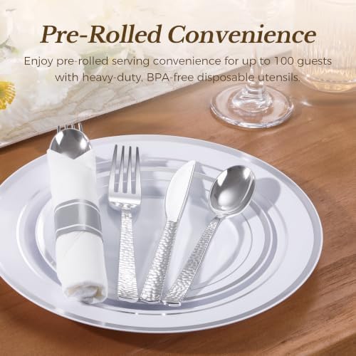 Goodluck 400PCS Silver Hammered Wrapped Silverware Set Disposable - Image 2