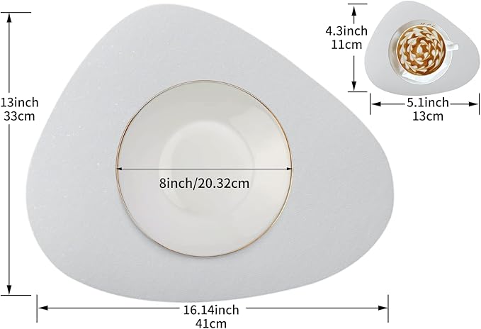 Faux Leather Placemats Set of 2 and Coasters, Heat Resistant Placemats for Round Table, Waterproof Wipeable Washable Dinner Table Mats, Easy to Clean Place Mats Nordic Style, Silver