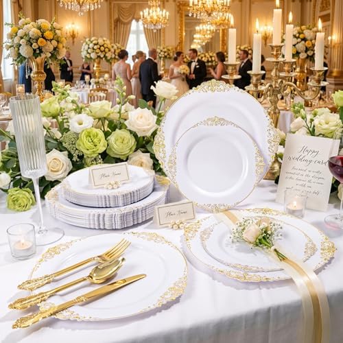 125PCS White and Gold Plastic Plates and Silverware for Wedding - Image 3